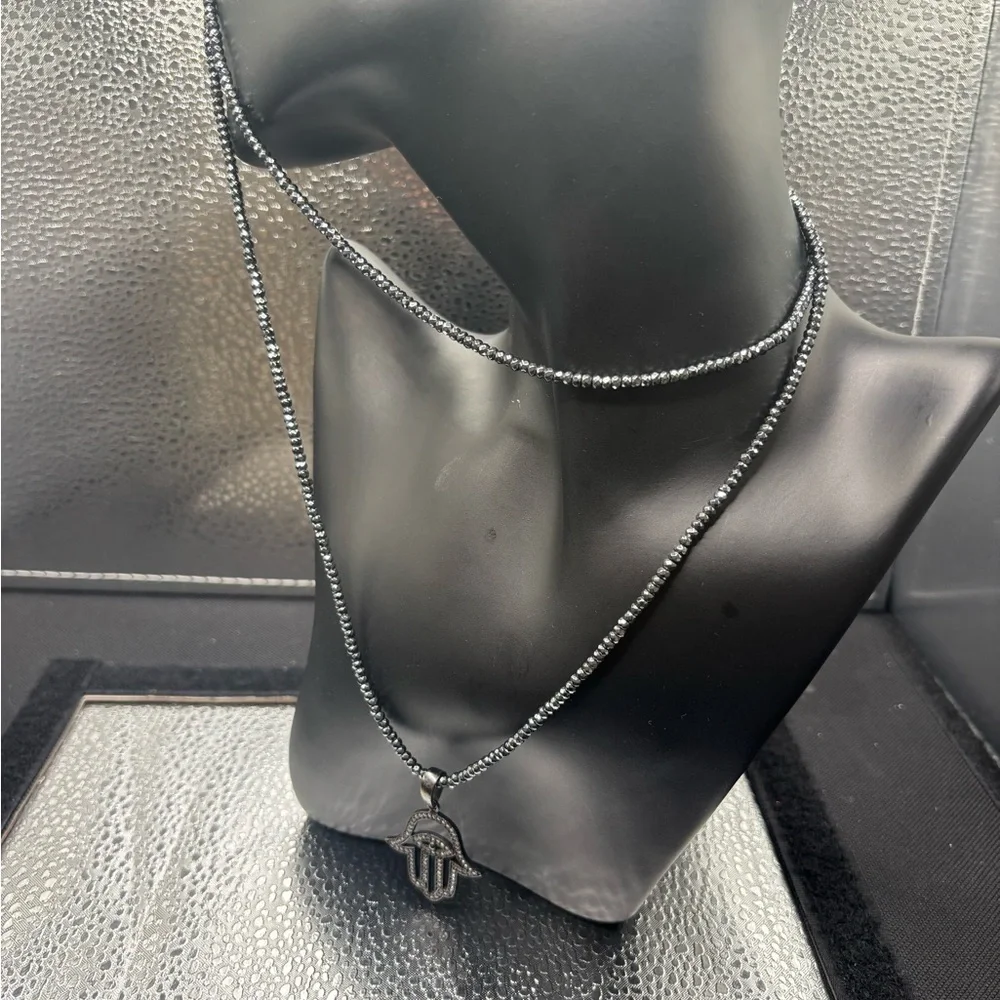 Black Beaded Necklace with Hamsa Pendant